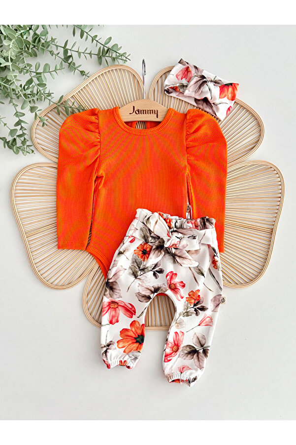 Jammybaby Juana Balon Kol Body Kemerli Pantolon Bandana %100 Pamuk Kız Bebek Dijital Çiçek Tasarım Lüks Takım