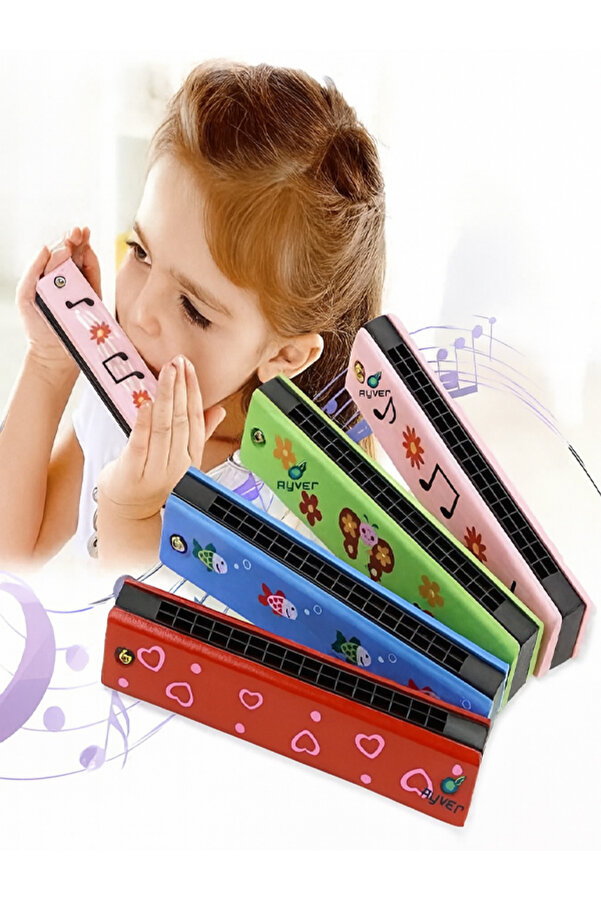 moryconcept Ahşap 16 Delikli Çift Sıralı Renkli Desenli Çocuk Mızıkası