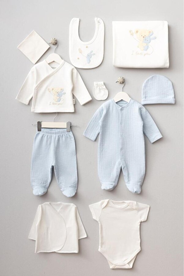 Bebitof Sarılan Ayıcık Desenli 10 Parça Kutulu Yenidoğan Hastane Çıkışı Zıbın Seti