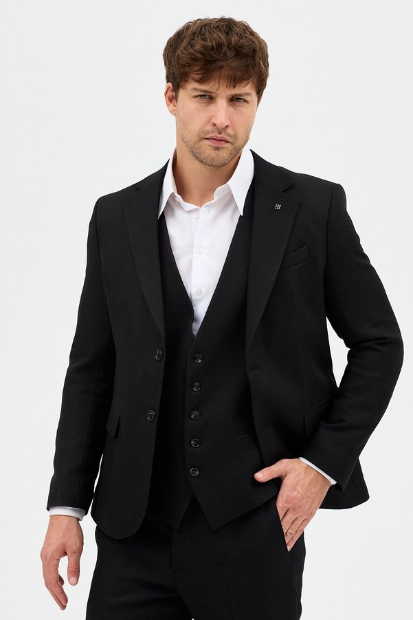 Frappoli Fevual Men's Black Slim Fit Thick Plain Mono Collar Double Slit Lined Suit