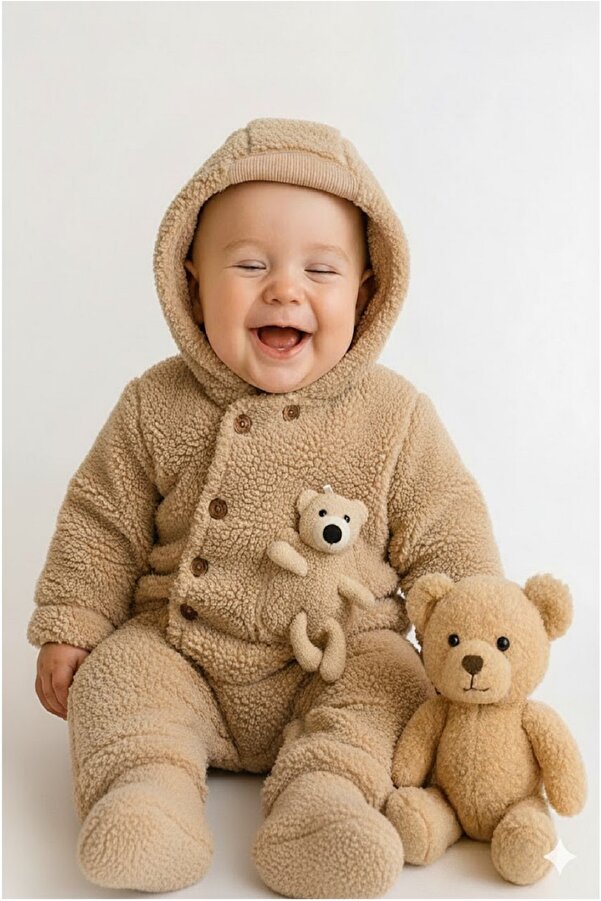 balbeybi Wellsoft Peluş Bebek Tulum, Kışlık Kapüşonlu, Ayıcık Detaylı, Unisex
