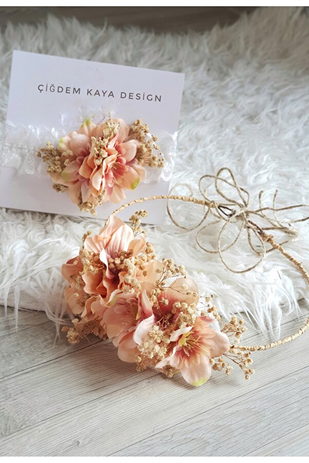 çiğdem kaya design Somon kuru cicek aranjeli Özel Tasarım Anne bebek lohusa taç seti , taç , hamile tacı