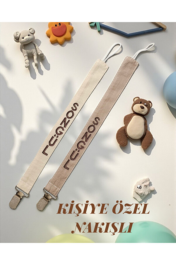 BeybiNest Kişiye Özel Nakışlı Emzik Tutucu 2’li Set – %100 Organik Pamuk – İsimli Emzik Askısı