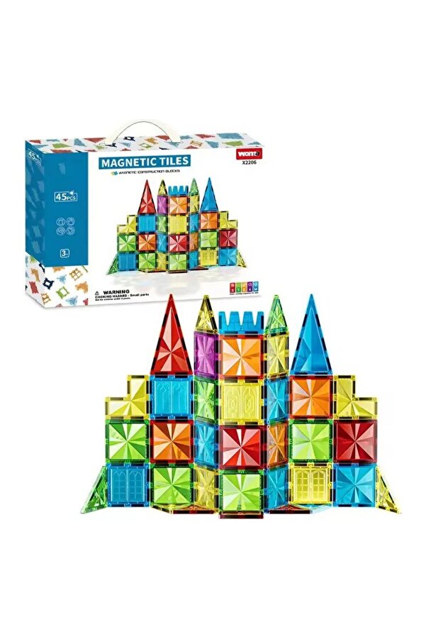 güleç oyuncak Manyetik Tiles Renkli 45 Parça Manyetik Yapı Magnetic Bloklar