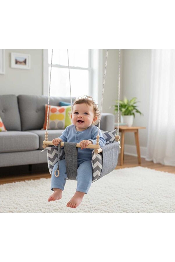 SerSev Ahşap Çocuk & Bebek Salıncağı Gri Renk Minder Yastık ve Diş Halkalı Tavan Salıncak
