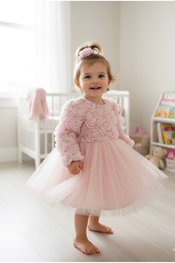 BİLGEN Style KIZ BEBEK ELBİSE GÜL DESENLİ KOYU PEMBE ÇIT ÇIT FİYONK LU ŞIK ÖZEL GÜN ABİYE 0-5 YAŞ %100 PAMUK