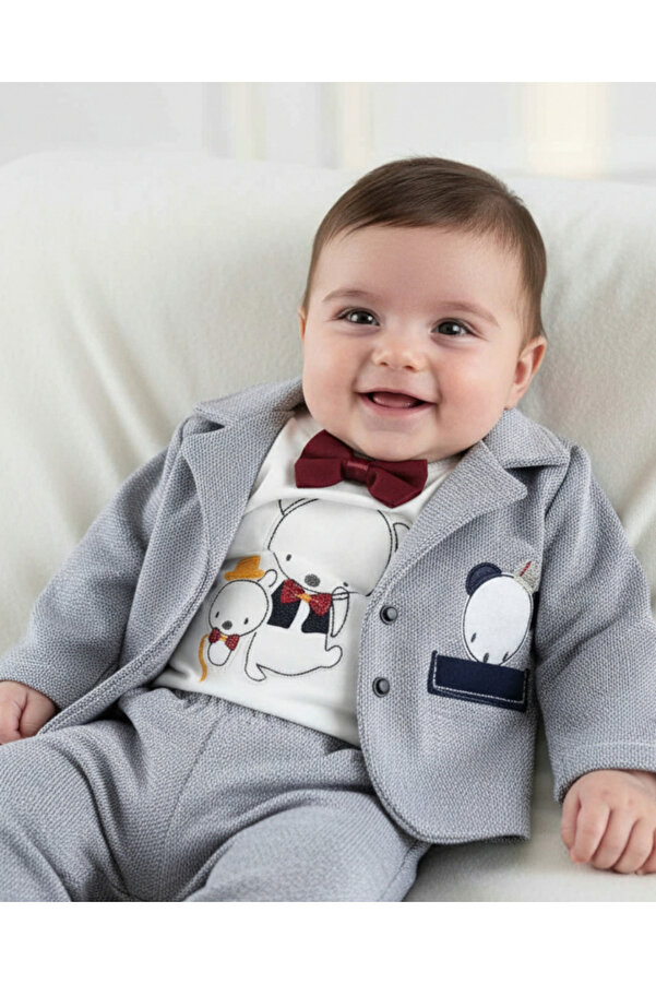 Egelite Erkek Yenidoğan Bebek Papyonlu Yılbaşı Yumuşak Kumaş Alt 3 Parça Üst Takım 0-3 / 3-6 Ay