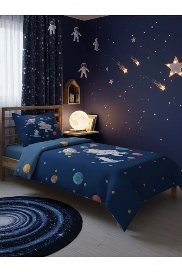 Evmila Astronot Ayı Desenli Bebek Ve Çocuk Baskılı Tek Kişilik Pike Takımı 160x230 Lacivert