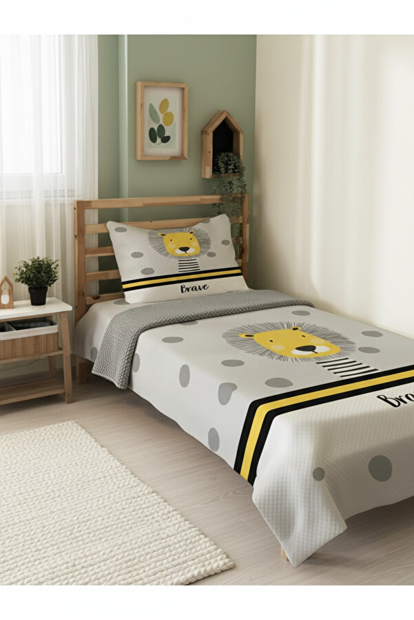 Evmila Aslan Desenli Bebek Ve Çocuk Baskılı Tek Kişilik Pike Takımı 160 X 220 Cm Gri