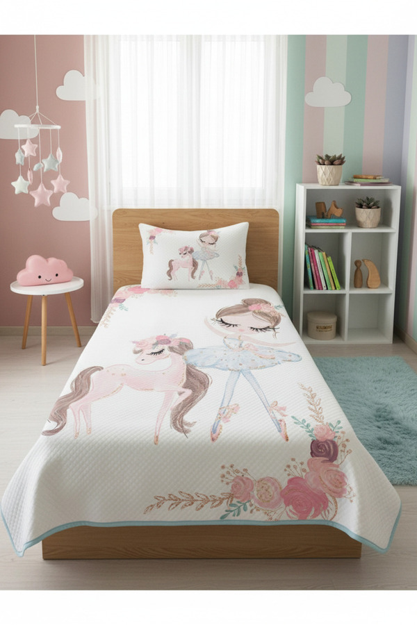 Evmila Balerin Ve Unicorn Desenli Bebek Ve Çocuk Baskılı Tek Kişilik Pike Takımı 160x230 Beyaz