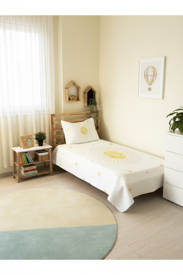 Evmila Güneş Desenli Bebek Ve Çocuk Baskılı Tek Kişilik Pike Takımı 160x230 Beyaz