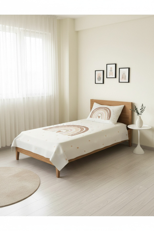 Evmila Gökkuşağı Desenli Bebek Ve Çocuk Baskılı Tek Kişilik Pike Takımı 160x230 Beyaz