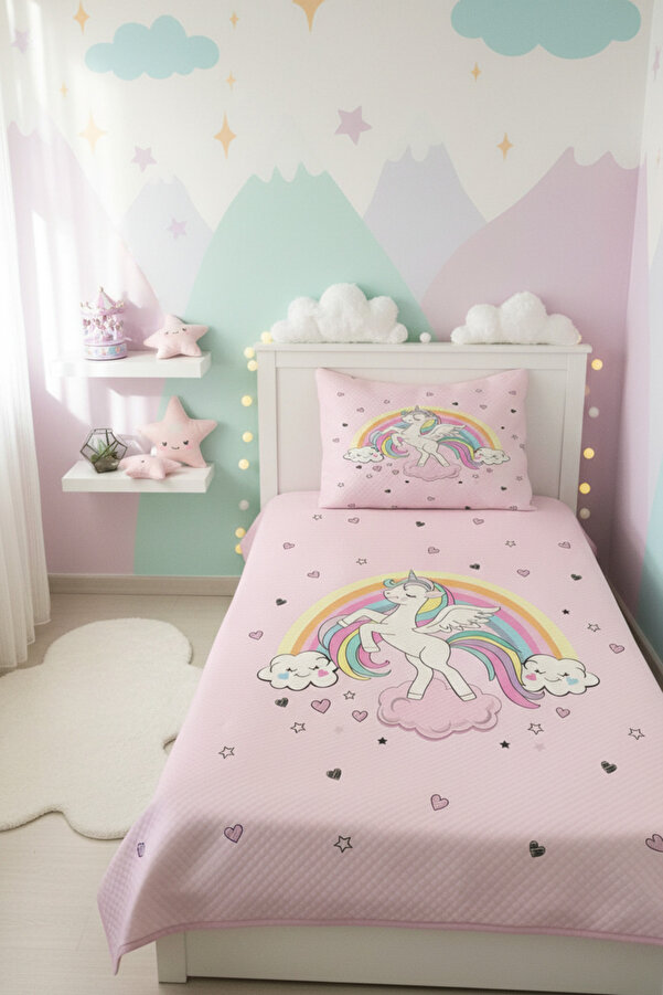 Evmila Unicorn Desenli Bebek Ve Çocuk Baskılı Tek Kişilik Pike Takımı 160x230 Pembe