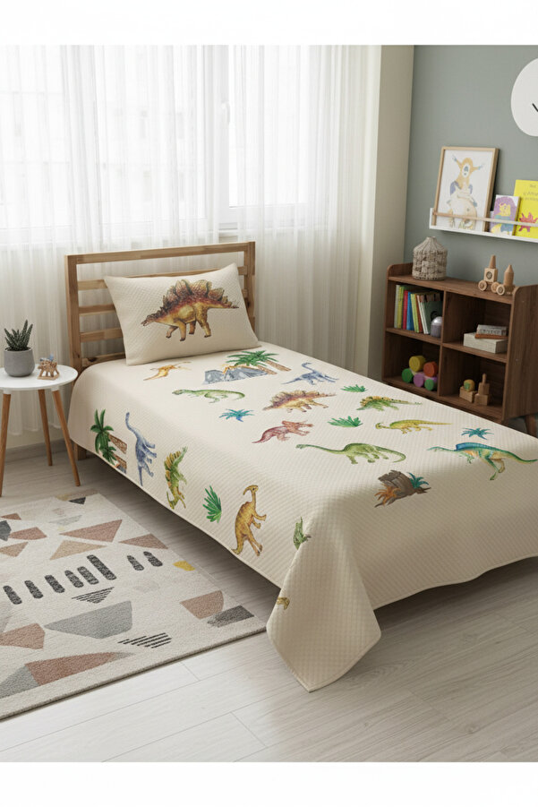 Evmila Dinozor Desenli Tek Kişilik Pike Takımı 160x230 Krem