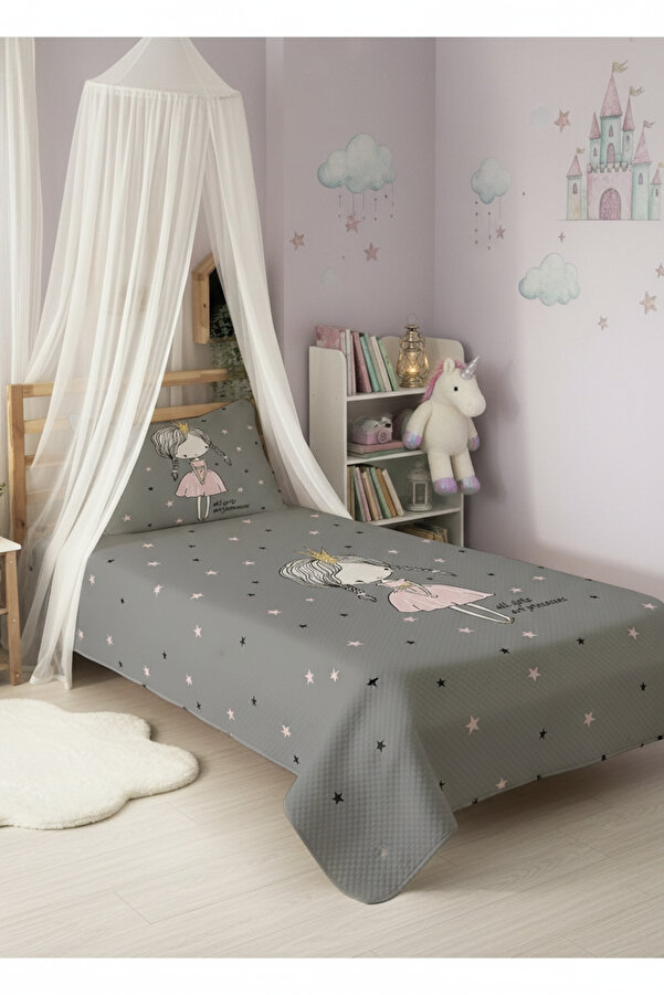 Evmila Prenses Kız Desenli Bebek Ve Çocuk Baskılı Tek Kişilik Pike Takımı 160x230 Gri