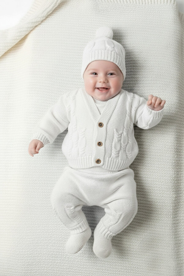 Çocuksan Baby&Kids Wear Unisex Örgülü Triko Bebek Takım - - Takım - Beyaz - 3-6 Ay - Cs2023000059-4083