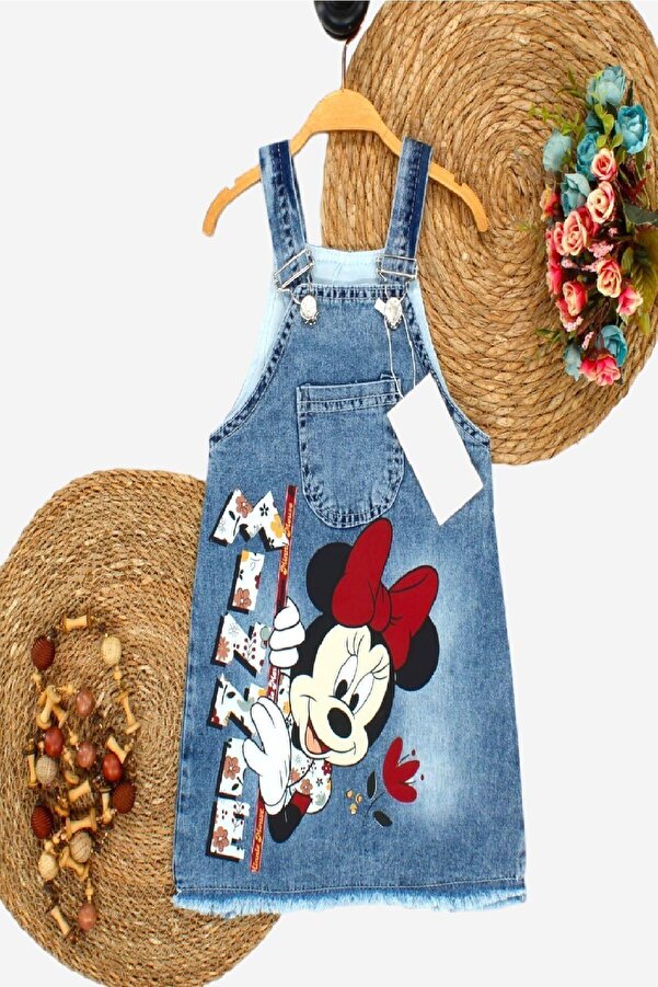 dinamik çocuk Kız Çocuk Kot Jile Salopet Minnie Mouse Baskılı Denim Elbise