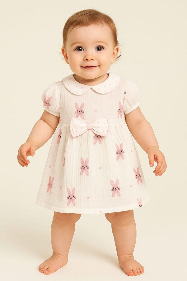 dinamik çocuk Kız Bebek/Çocuk Müslin Kumaş Tavşanlı Büzgü Kol Yazlık Elbise Organik