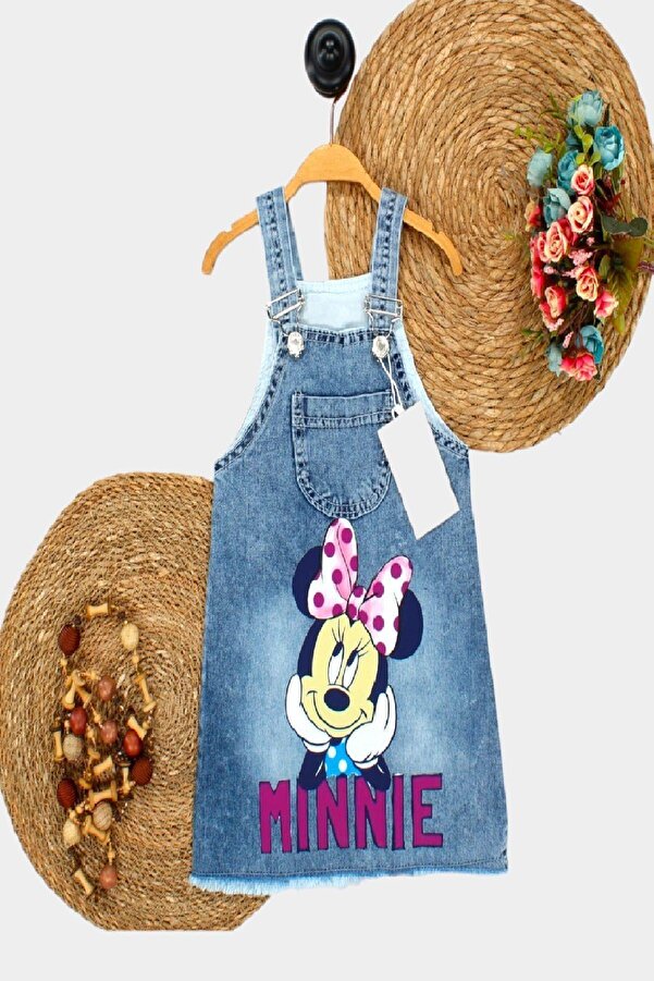 dinamik çocuk Kız Çocuk Kot Jile Salopet Minnie Mouse Baskılı Denim Elbise