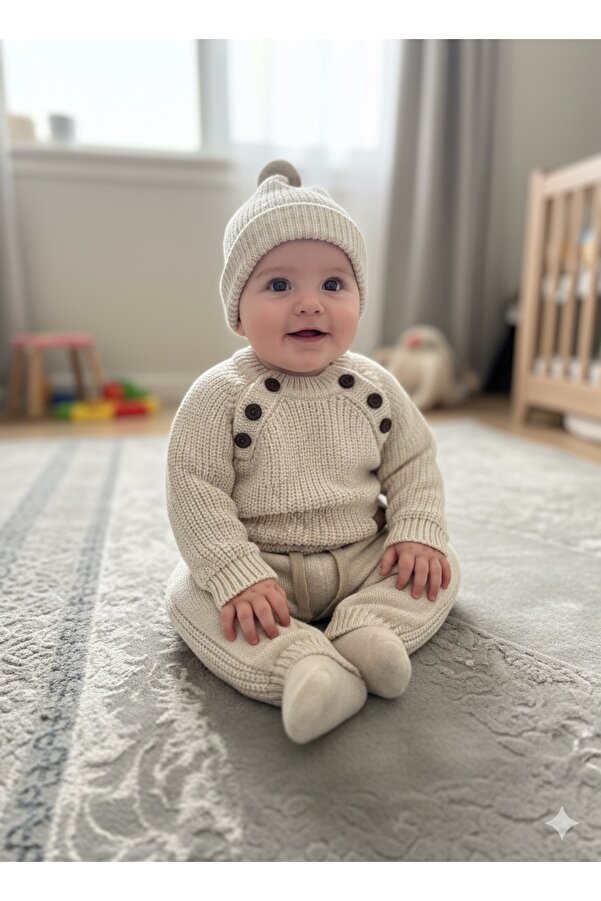 BİLGEN Style ERKEK BEBEK TRİKO SELANİK ÖRME ŞAPKALI KIŞLIK 3 LÜ TAKIM