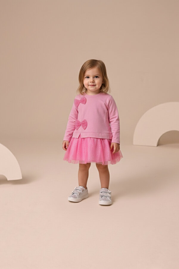 Minipodyum Mevsimlik Uzun Kollu %100 Pamuk Astarlı Kız Bebek Tüllü Elbise