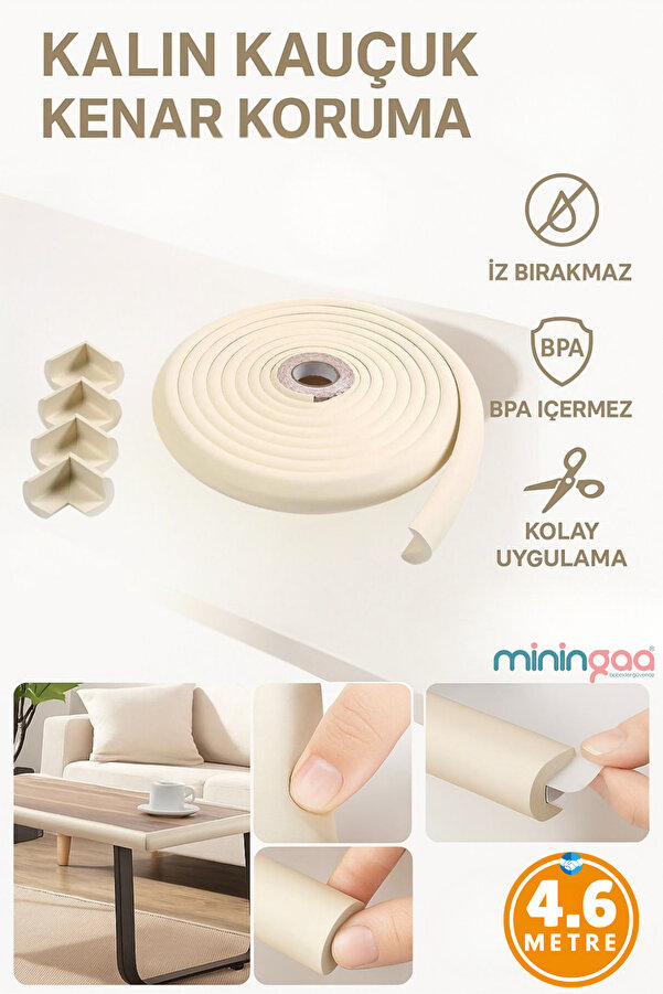 Miningaa 4.6 Metre 4 Adet Köşe Koruyucu Köşe Ve Kenar Koruma 3m Bant Esnek Yumuşak Darbe Engelleyici Krem