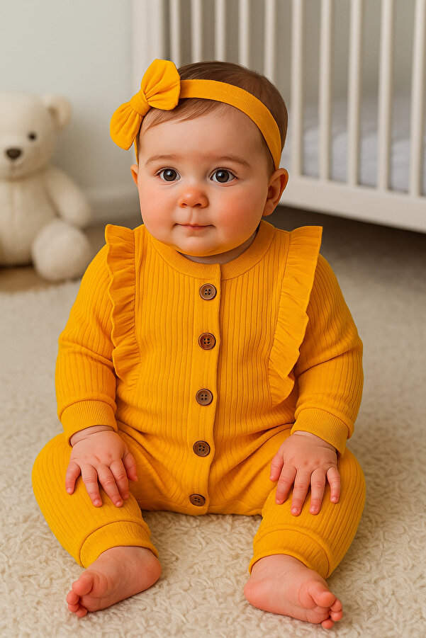 MBK GARDEN Fırfırlı Ribana Mevsimlik Bebek Tulum - Bandanalı Yenidoğan/3/6/9 Ay