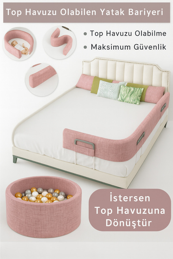 Dizanor Yeni Nesil Top Havuzuna Dönüşebilen 240 cm Tek Parça Yatak ve Beşik Güvenlik Bariyeri