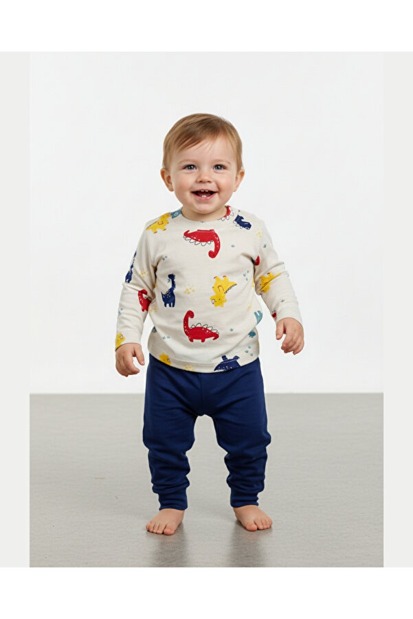 asliva Dinozor Desenli Pamuk Bebek&Çocuk Ribanalı Uzun Kollu Omuzdan çıtçıtlı Sweat - 3,6,9 Ay-1,2,3 Yaş