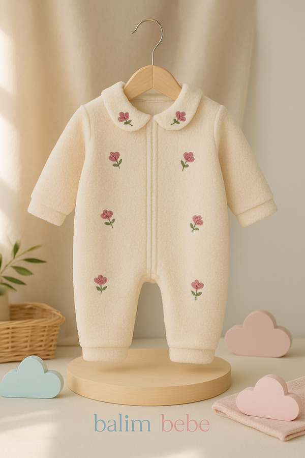 Necix's Bebek Peluş Tulum Fermuarlı Çiçek Nakışlı Tulum - Ekru