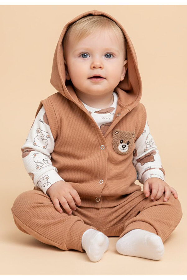 Tuabella %100 Pamuk 3'lü Erkek Bebek Takımı (Çıtçıtlı Badi + Yelek + Alt)