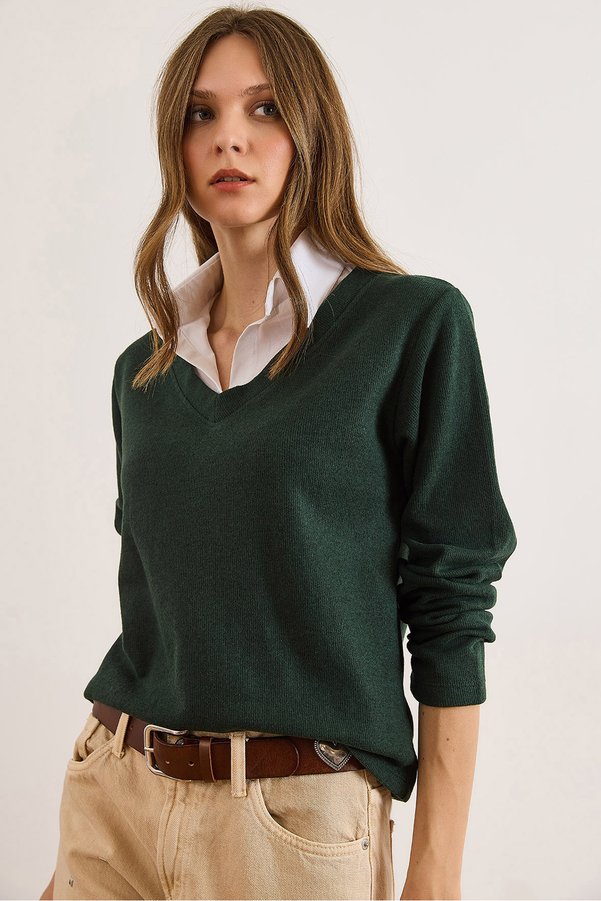 Olalook Women’s Emerald Green Brioche Knit Shirt Collar Detailed Blouse BLZ-19002777