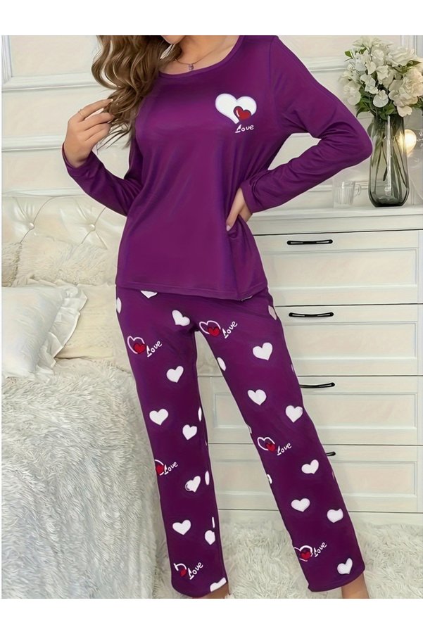 Take Two By Styli Heart Print Long Sleeve T-Shirt and Pyjama Set