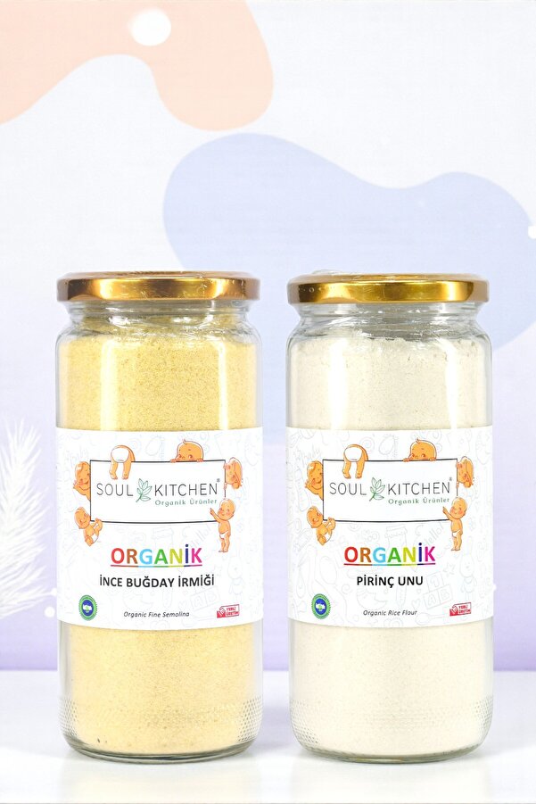 Soul Kitchen Organik Ürünler Organik Sertifikalı İnce Buğday İrmiği 300 g Pirinç Unu 300 g Avantaj Set Cam Kavanoz