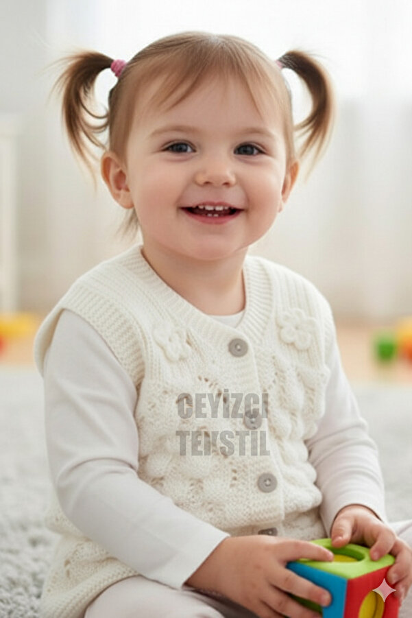 Çt Çeyizci Tekstil Bebek Yeleği Triko Bebek Yeleği Papatya Desenli Bebe Yeleği Beyaz