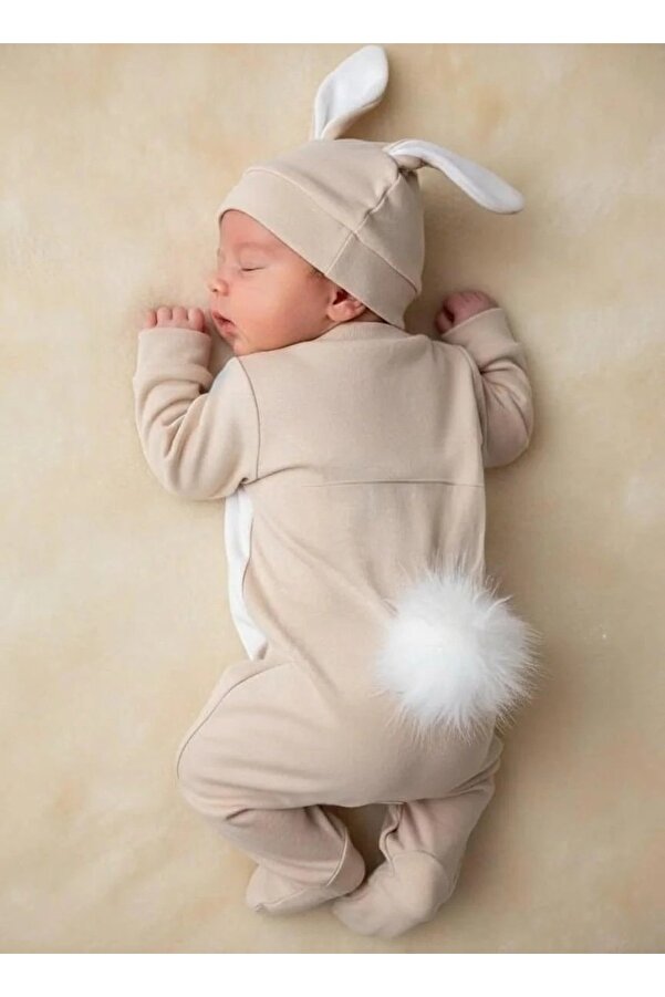 BEBERAZZİ Bej Tavşan Temalı Ponponlu Üçlü Set Tulum Yenidoğan Bebek Hastane Çıkışı