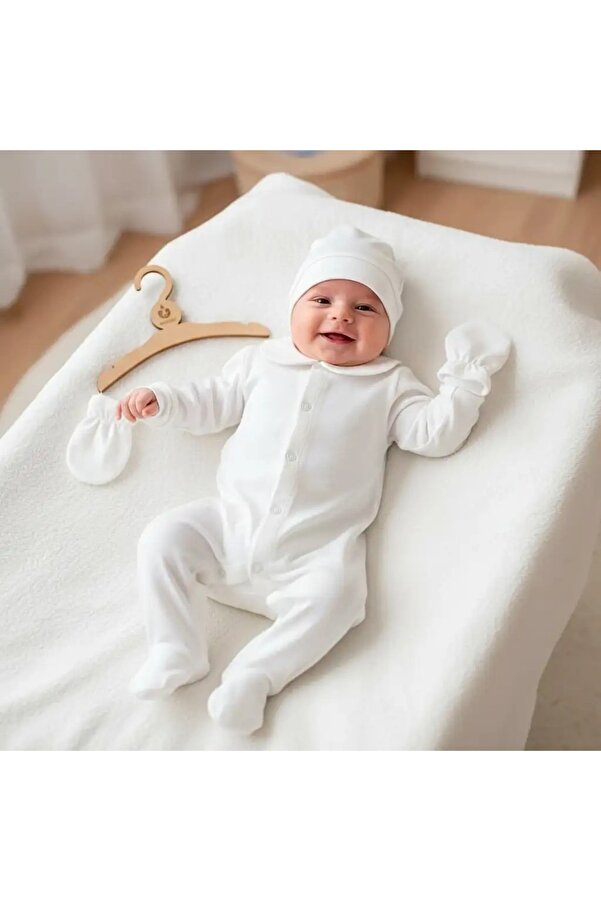 BEBERAZZİ Önden Çıtçıtlı Bebe Yaka Hastane Çıkışı Yenidoğan Tulum Mevlüt Set - Ekru