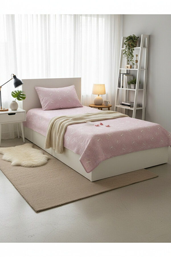 Evmila Kelebek Desenli Bebek Ve Çocuk Baskılı Tek Kişilik Pike Takımı 160x230 Pembe