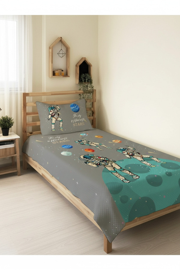 Evmila Astronot Desenli Bebek Ve Çocuk Baskılı Tek Kişilik Pike Takımı 160x230 Gri