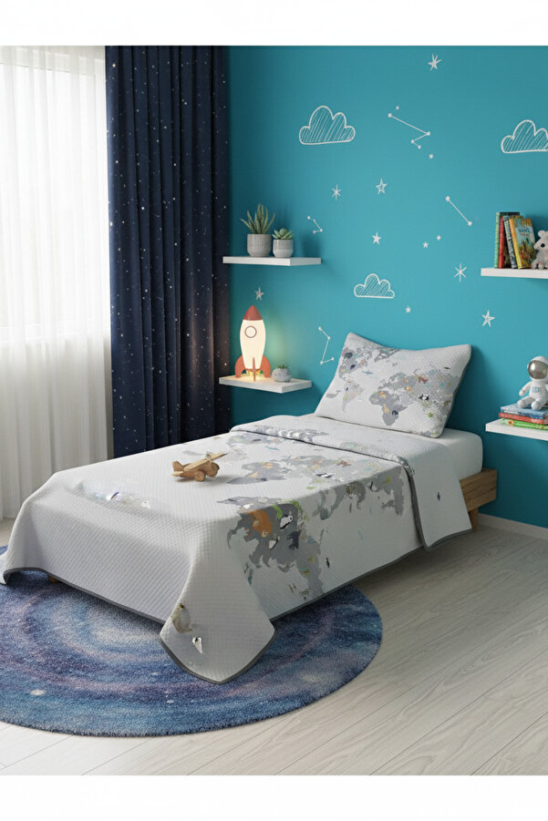 Evmila EVMİLA Dünya Haritası Desenli Bebek Ve Çocuk Baskılı Tek Kişilik Pike Takımı 160x230 Gri