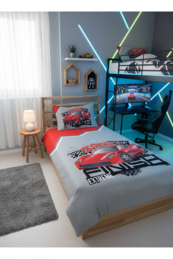 Evmila Kırmızı Araba Desenli Bebek Ve Çocuk Baskılı Tek Kişilik Pike Takımı 160x230 Gri