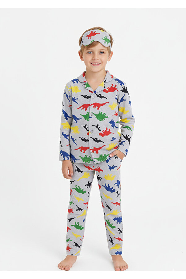 Beka Kids Erkek Çocuk Önden Düğmeli Desenli Pijama Takımı %100 Pamuklu Pijama Takımı Ve Göz Bandı