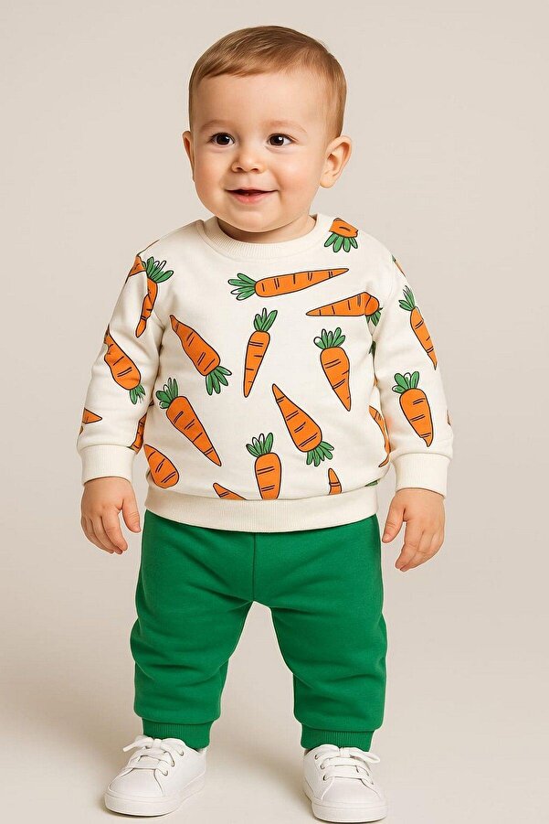 dinamik çocuk Havuç Baskılı Bebek Takımı Mevsimlik 2li Alt Üst Unısex Aylık 3-6-9-12ay