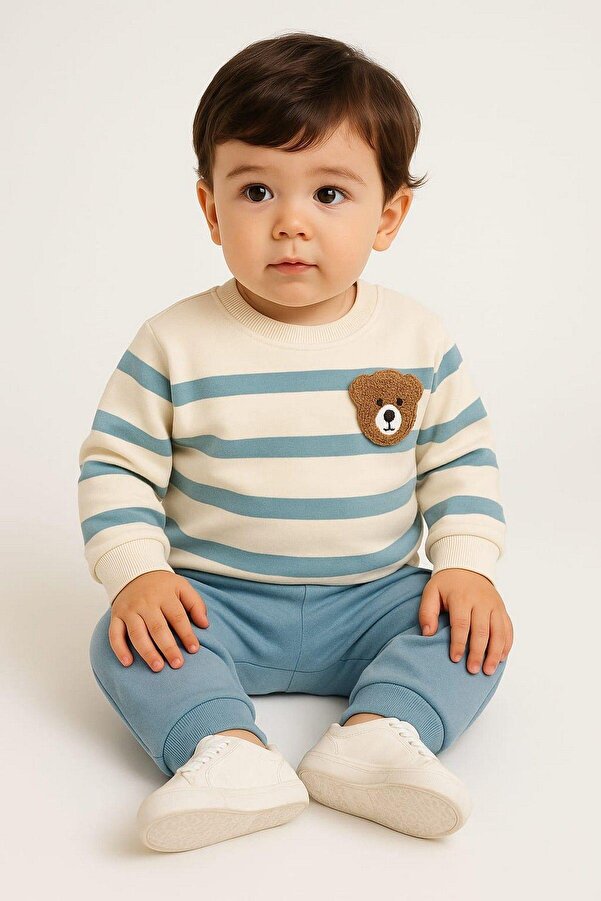 dinamik çocuk Çizgili Punch Ayıcık Omuzdan Çıtçıtlı Bebek Takımı 2li Alt Üst Mevsimlik Aylık 3-6-9-12ay