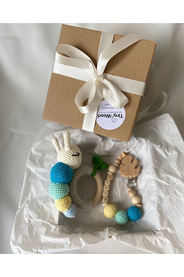 tiny wood Amigurumi Sevimli Tırtıl Diş Kaşıyıcı Çıngırak Isme Özel Emzik Seti, Organik Unisex Bebek Hediyelik