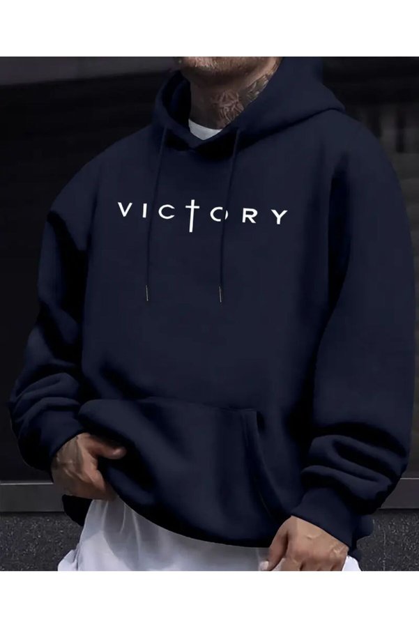 herkesemoda Victory K Hooded Sweatshirt with Text Detail and Fleece Inside