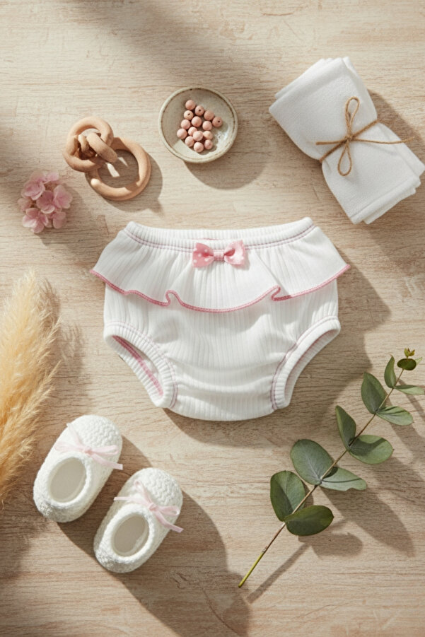 Salvia Dione Yenidoğan Kız Bebek Şort Külot / Don - %100 Pamuklu Fırfırlı Puantiyeli Kurdeleli Yeni doğan Hediye