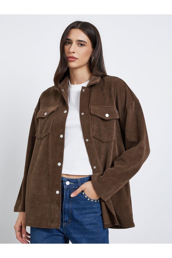 Styli Brown Oversized Corduroy Shacket