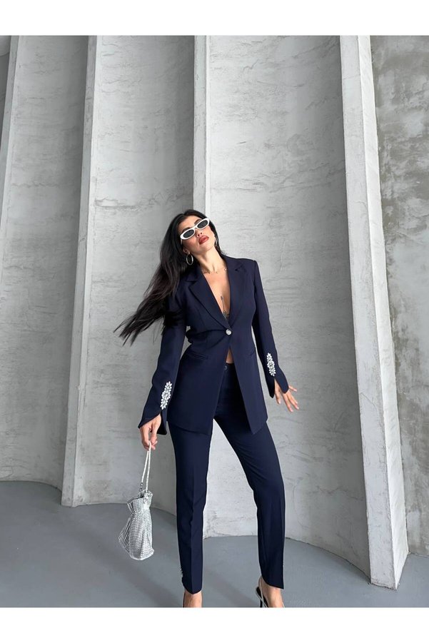 SUXİRCNHTMTS Double Fabric Stone Detailed Sleeve and Leg Ankle Women's Suit