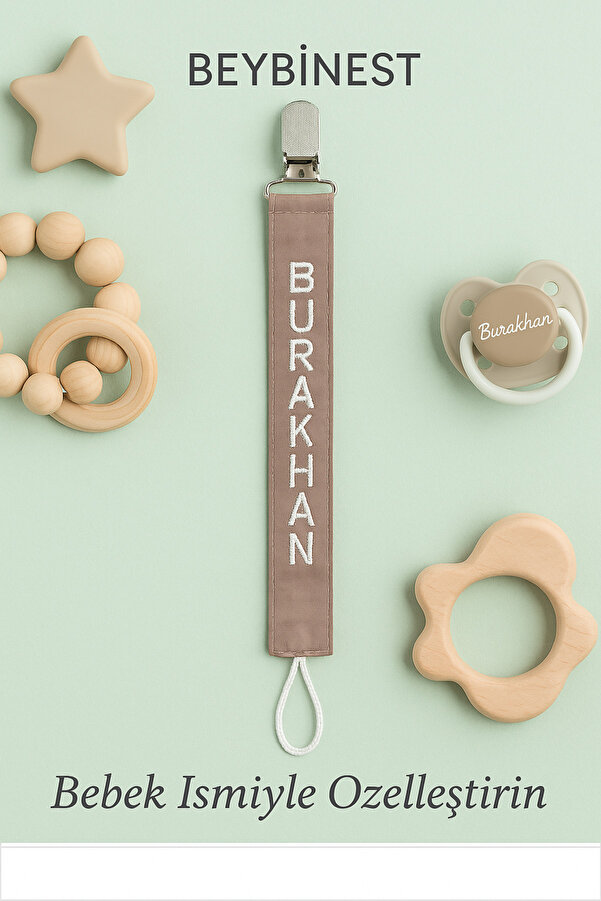 BeybiNest Kişiye Özel Nakış İşlemeli İsimli Emzik Tutucu , İsimli Emzik Askısı